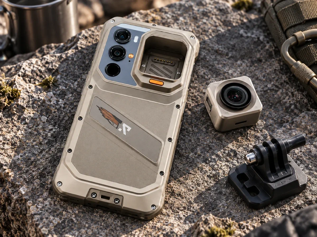 PhonesGate editorial illustration of the RugOne Xsnap 7 Pro with its detachable action camera removed