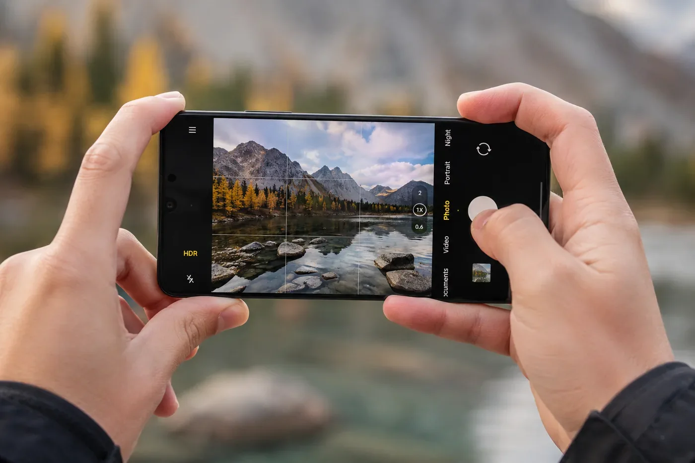 PhonesGate editorial illustration of a smartphone camera being used to photograph a mountain lake