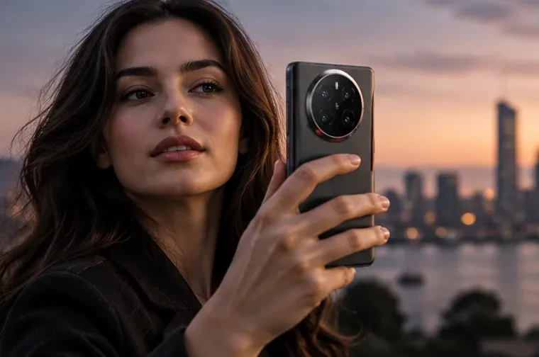 PhonesGate editorial visualization of a Huawei Mate 90 Pro style flagship being used for photography