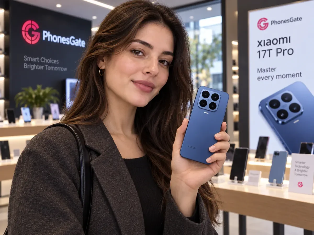 AI-generated PhonesGate lifestyle image showing a woman holding the Xiaomi 17T Pro in a showroom