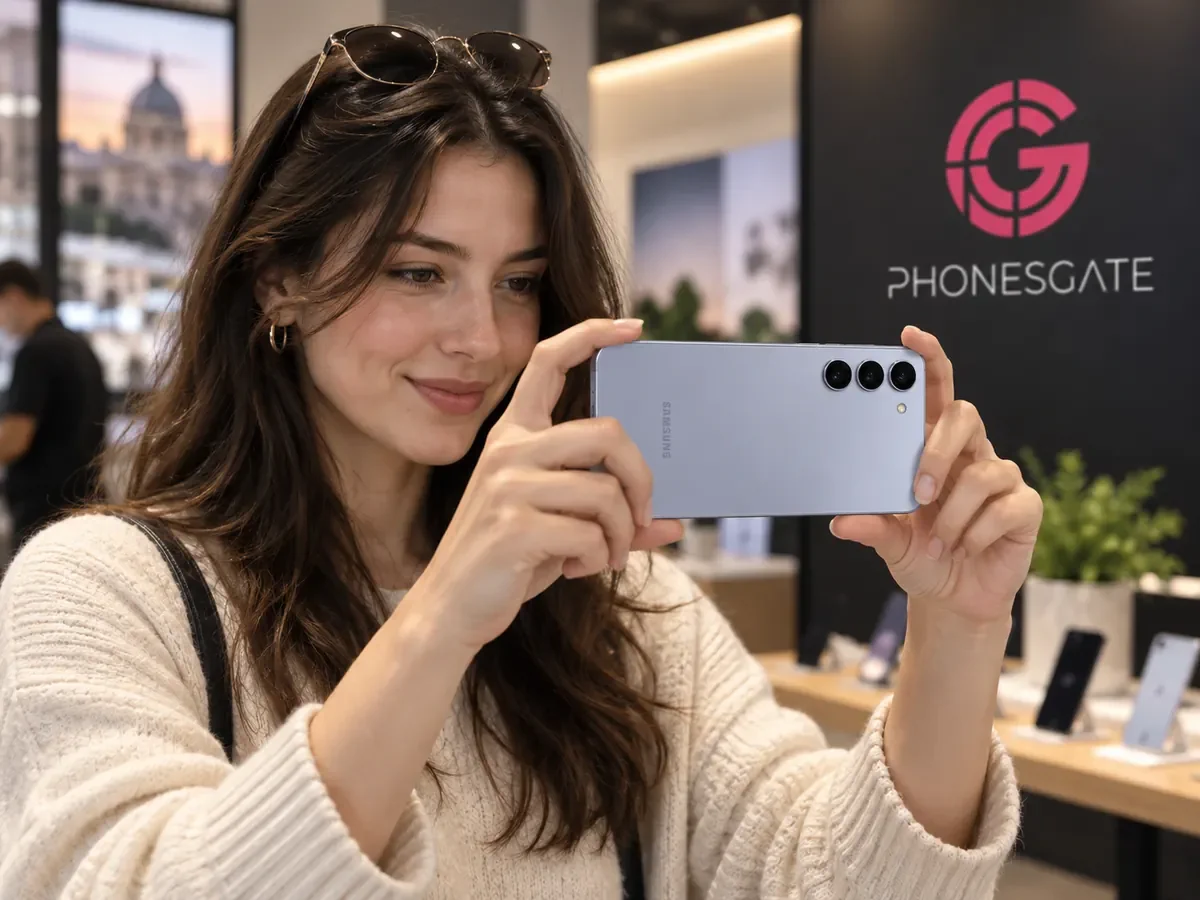 AI-generated PhonesGate image showing a customer using the Samsung Galaxy A57 camera in the PhonesGate showroom