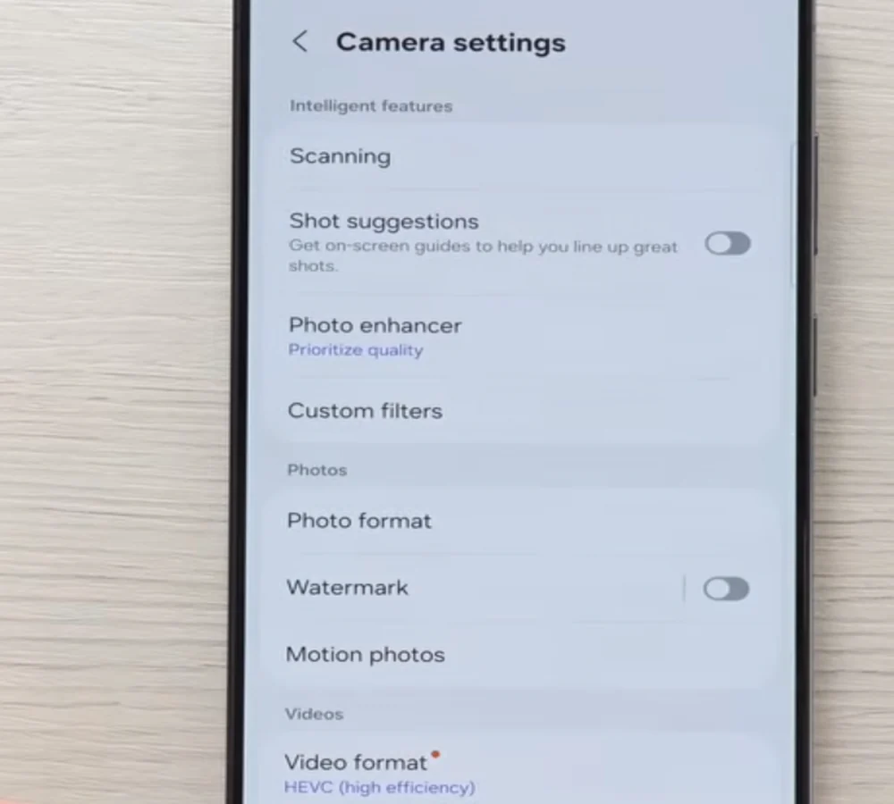 Samsung Galaxy S26 photo and video settings detail