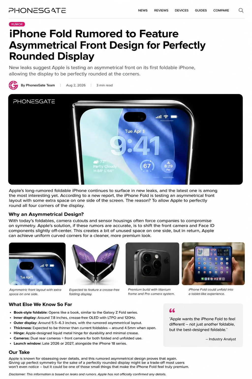 PhonesGate editorial visual summarizing the iPhone Fold asymmetrical-display rumor