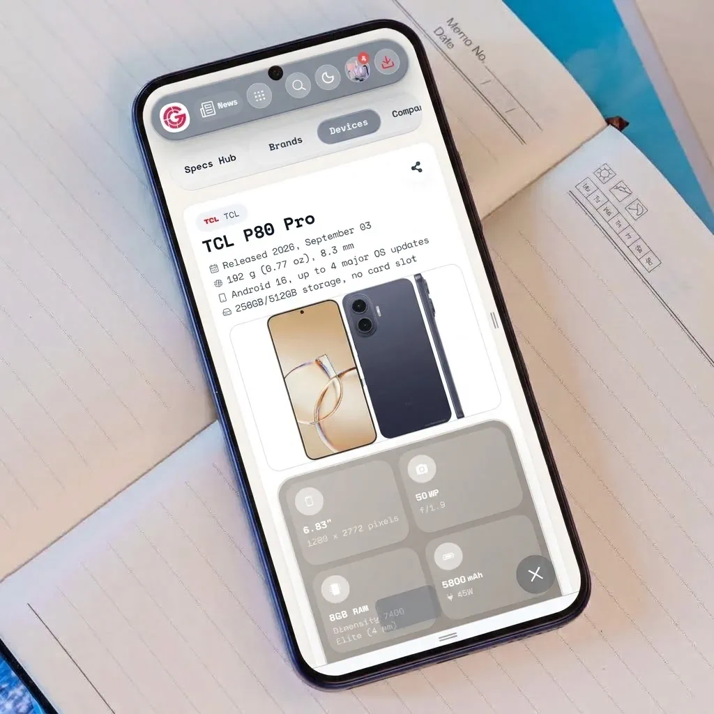 PhonesGate studio photo showing the TCL P80 series page open on a smartphone
