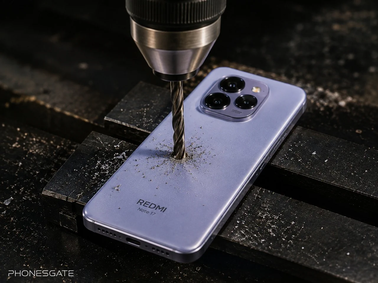 Drill bit pressed into the back of a lavender Redmi Note 17