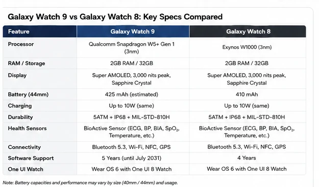 Galaxy Watch 9 and Galaxy Watch 8 key specification comparison