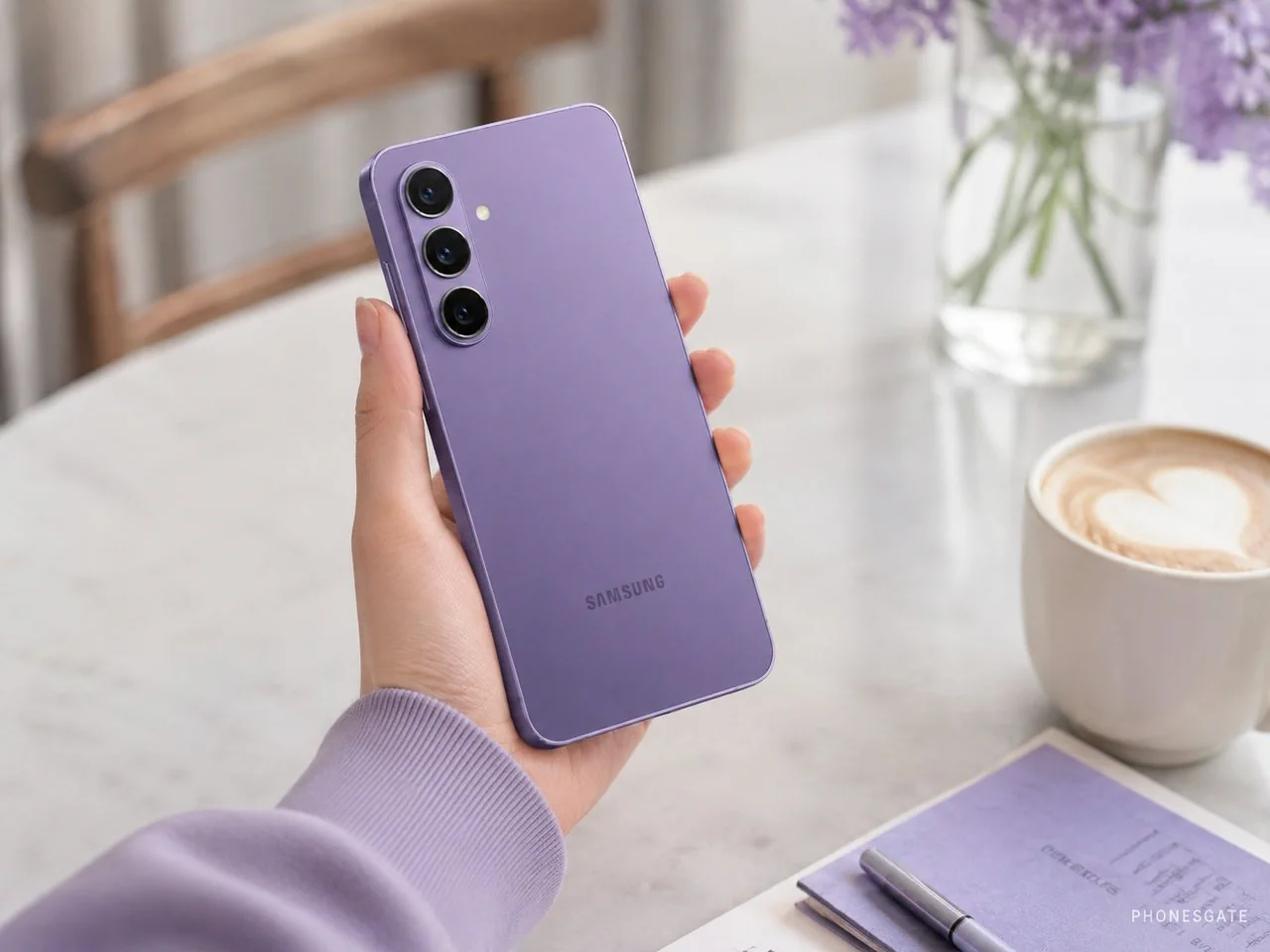Lifestyle concept image of a purple Samsung Galaxy S26 FE being held in hand