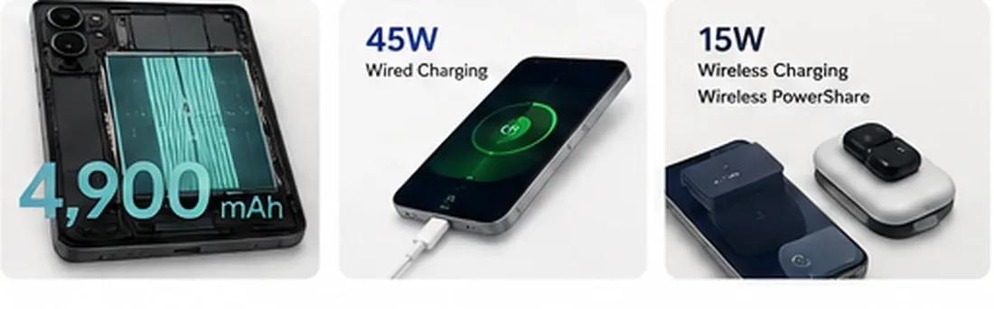 Samsung Galaxy S26 FE battery wired and wireless charging editorial illustration