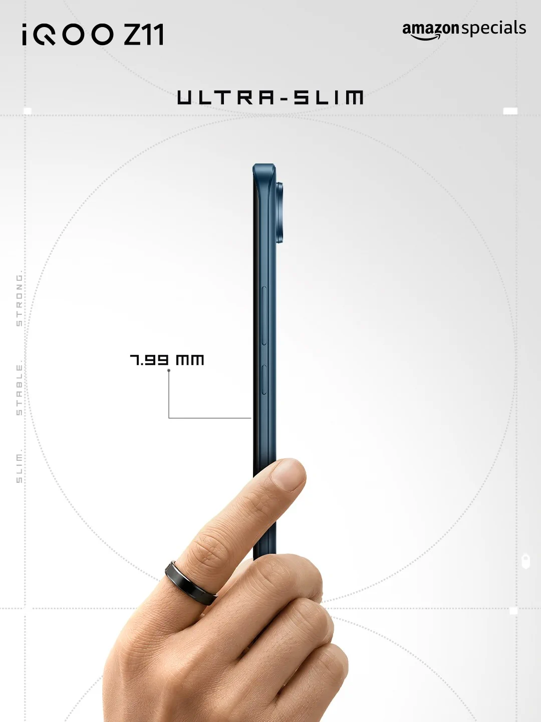 Side profile of the iQOO Z11 showing its 7.99 mm body