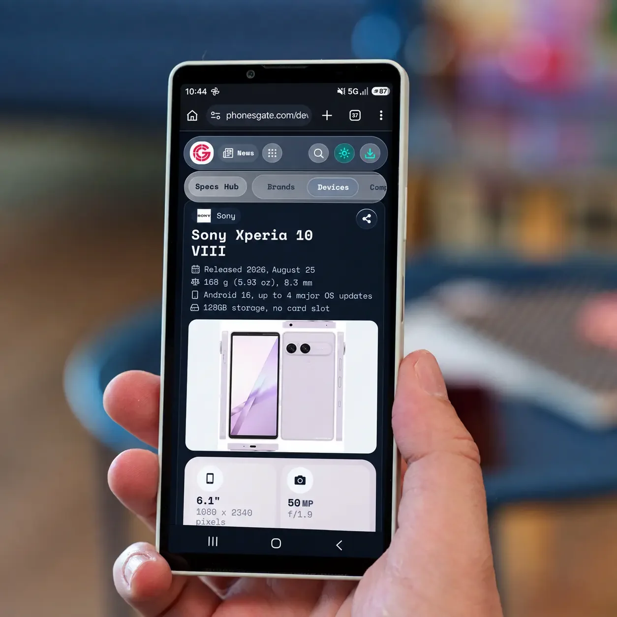 Sony Xperia 10 VIII held in hand with the PhonesGate device page composited onto its display