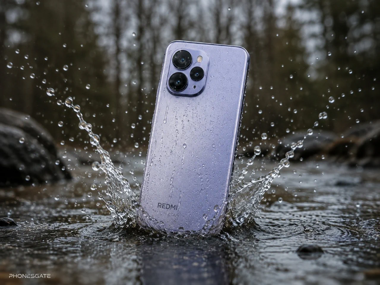 Redmi Note 17 splashing in water outdoors