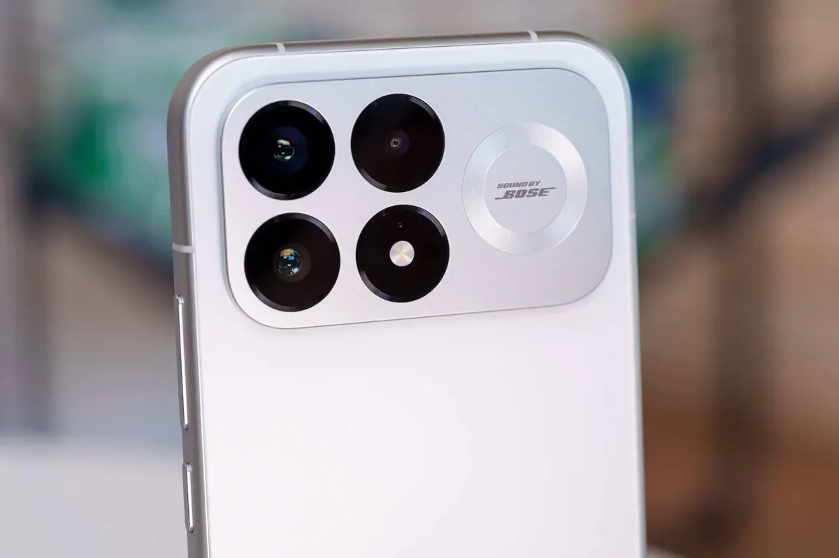 POCO F9 Pro camera module close-up showing the 200MP camera system and Bose branding