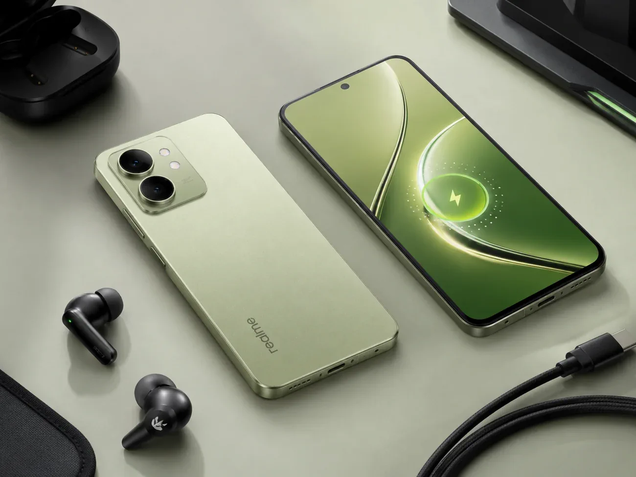 realme P4s 5G with charging cable and earbuds in a clean flatlay scene