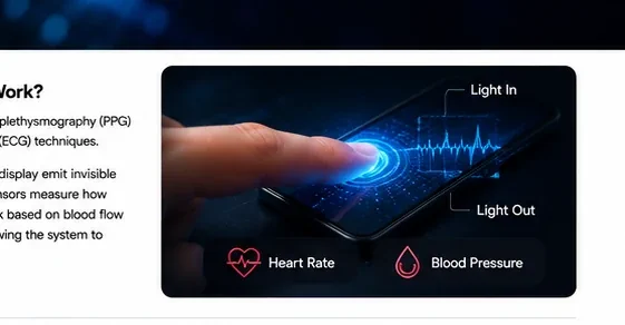 Finger touching a smartphone screen with biometric sensing visualization