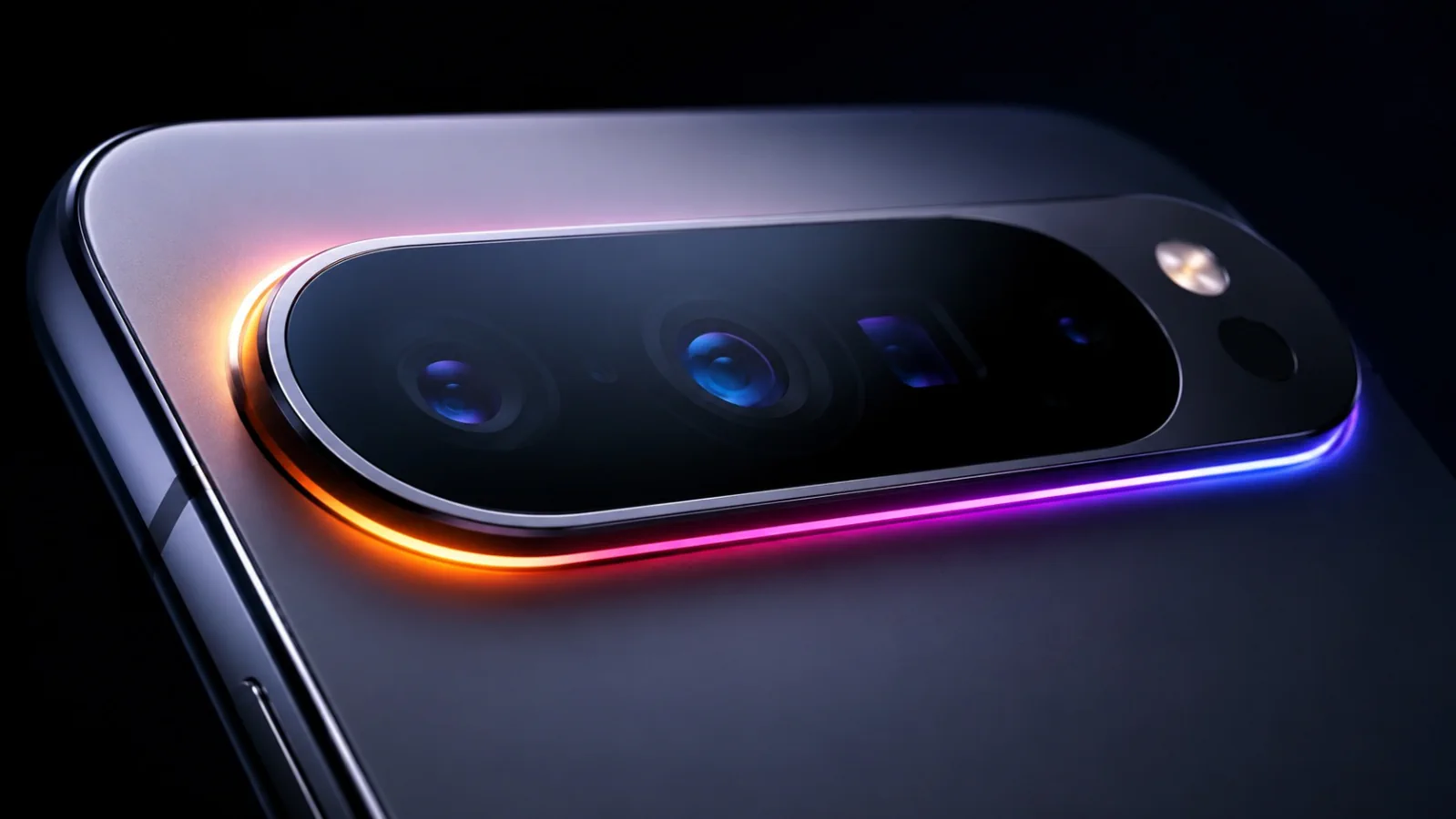 Illustrative close-up of the Google Pixel 11 camera module with a multicolour light element