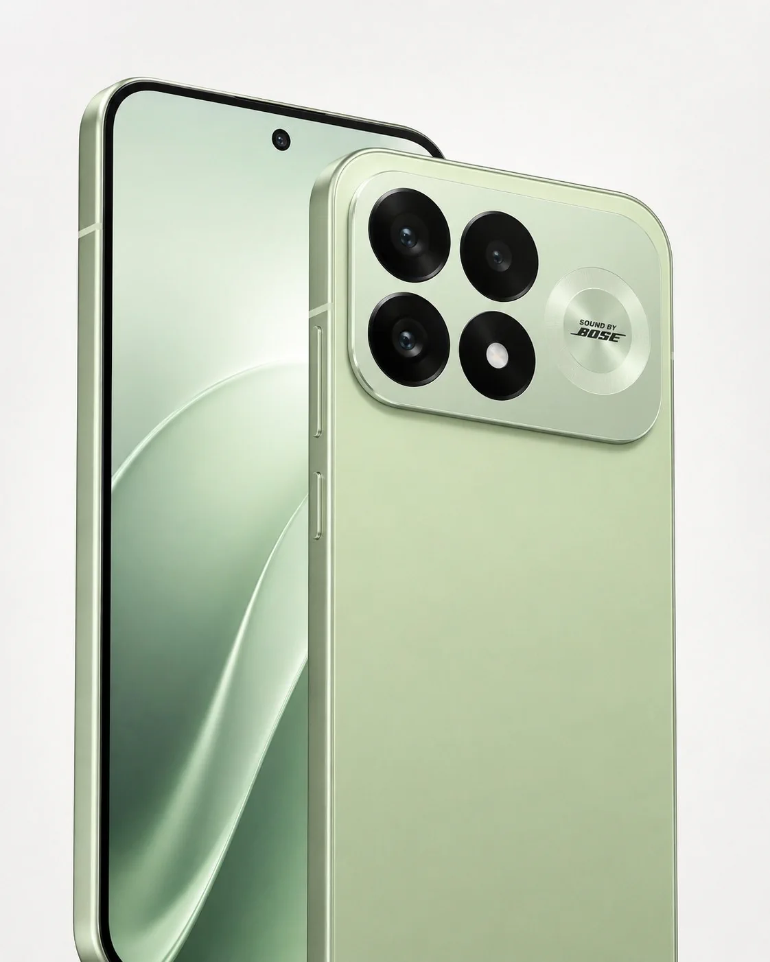 Two views of the REDMI K100 Pro in mint green in a clean studio setting