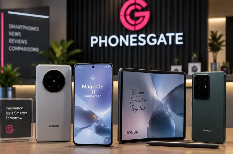 AI-generated PhonesGate editorial image showing multiple HONOR devices with MagicOS 11