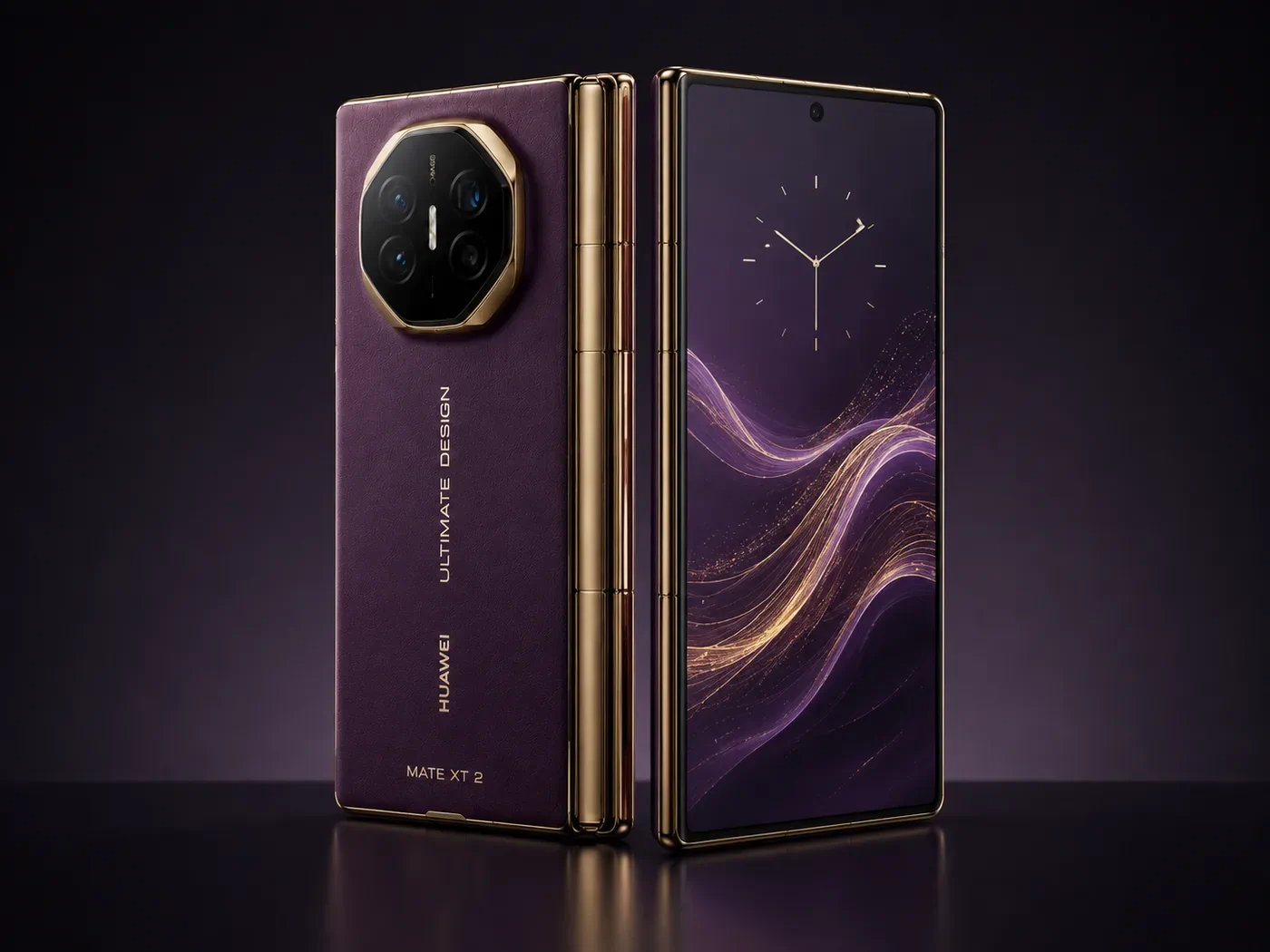 PhonesGate concept visualization of Huawei Mate XT 2 with a cover display and premium purple finish