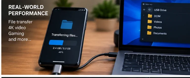 Smartphone transferring files to a laptop over USB-C