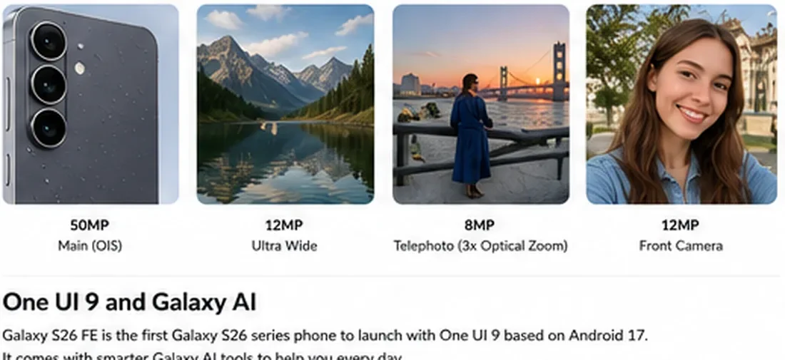 Samsung Galaxy S26 FE camera and AI editorial illustration