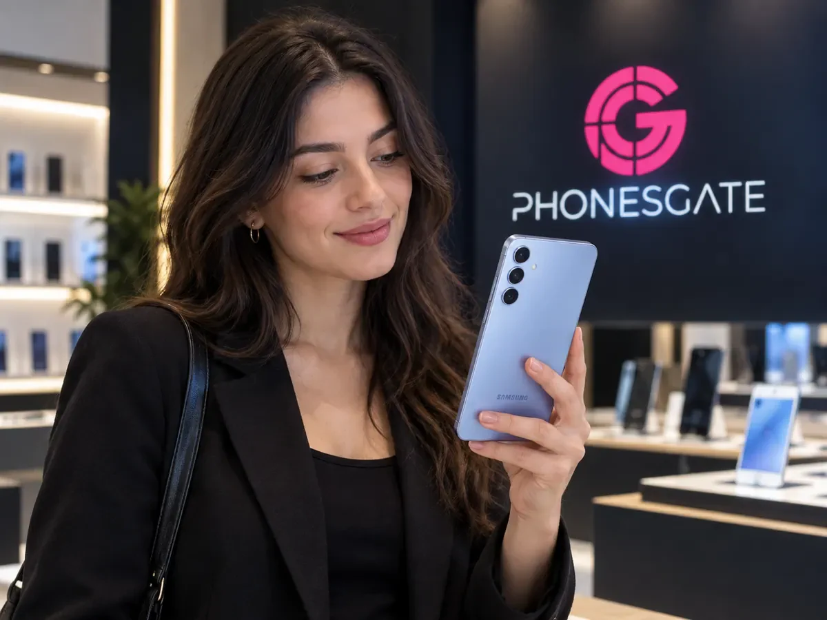 AI-generated PhonesGate image showing a customer holding the Samsung Galaxy A57 inside the PhonesGate showroom