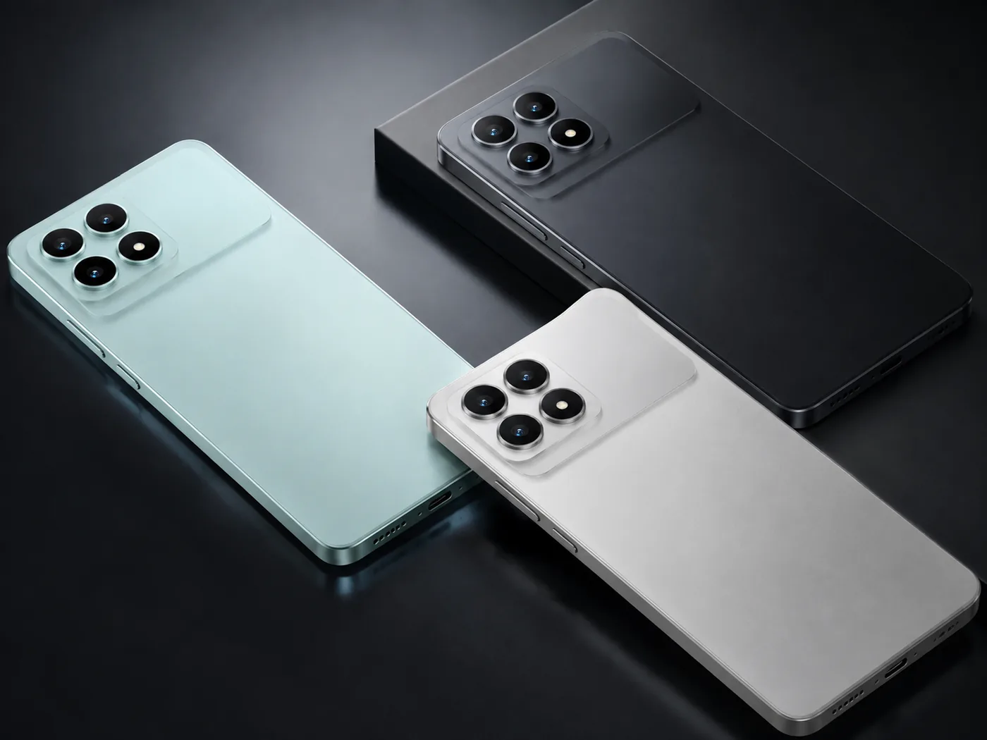 PhonesGate editorial illustration showing POCO F8 Pro color options