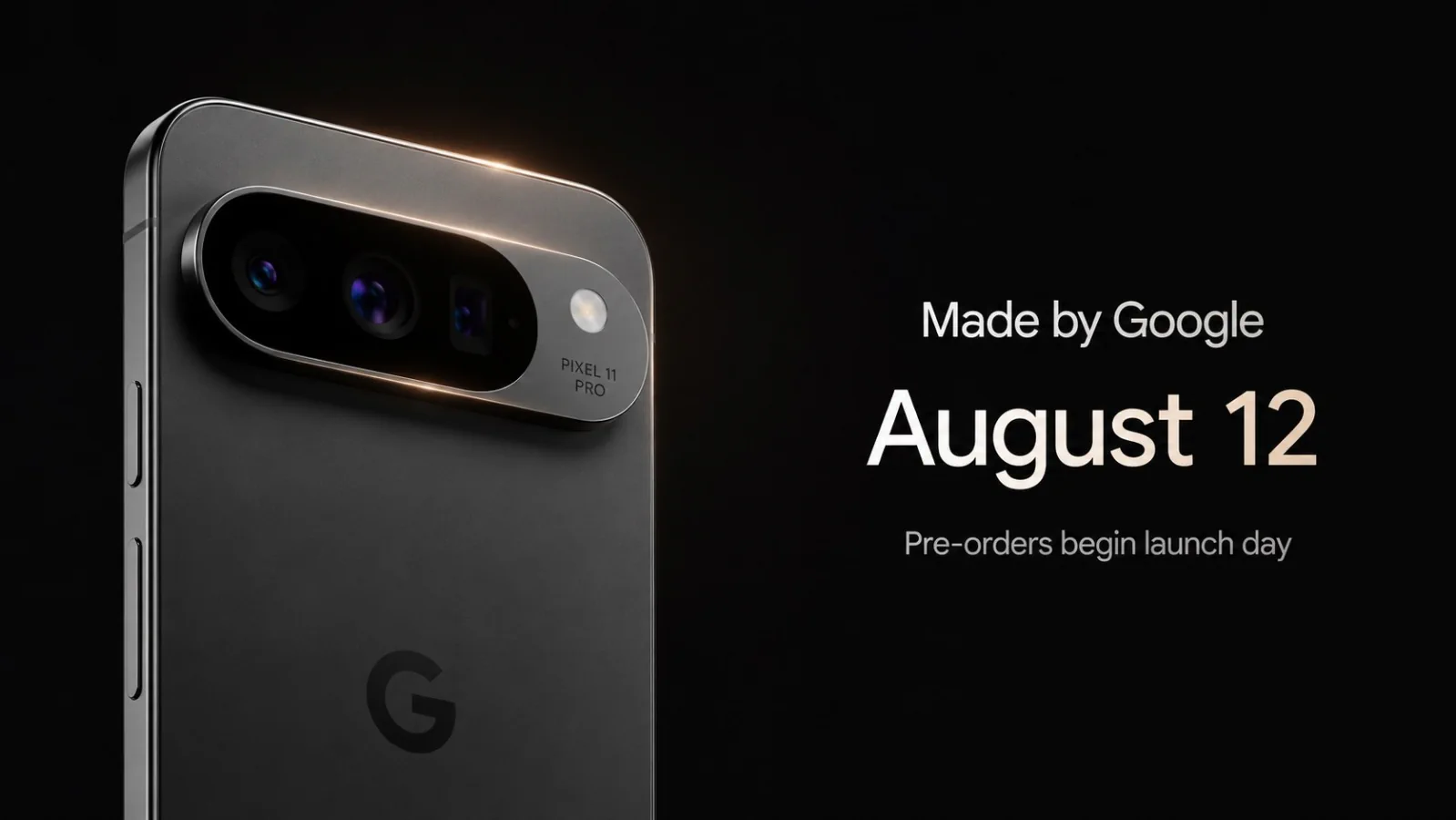 Illustrative Google Pixel 11 promotional graphic confirming August 12 pre-orders