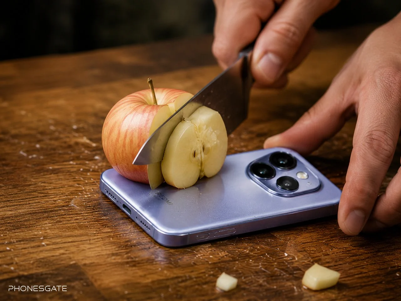 Apple being sliced on top of a Redmi Note 17 in a playful durability demo