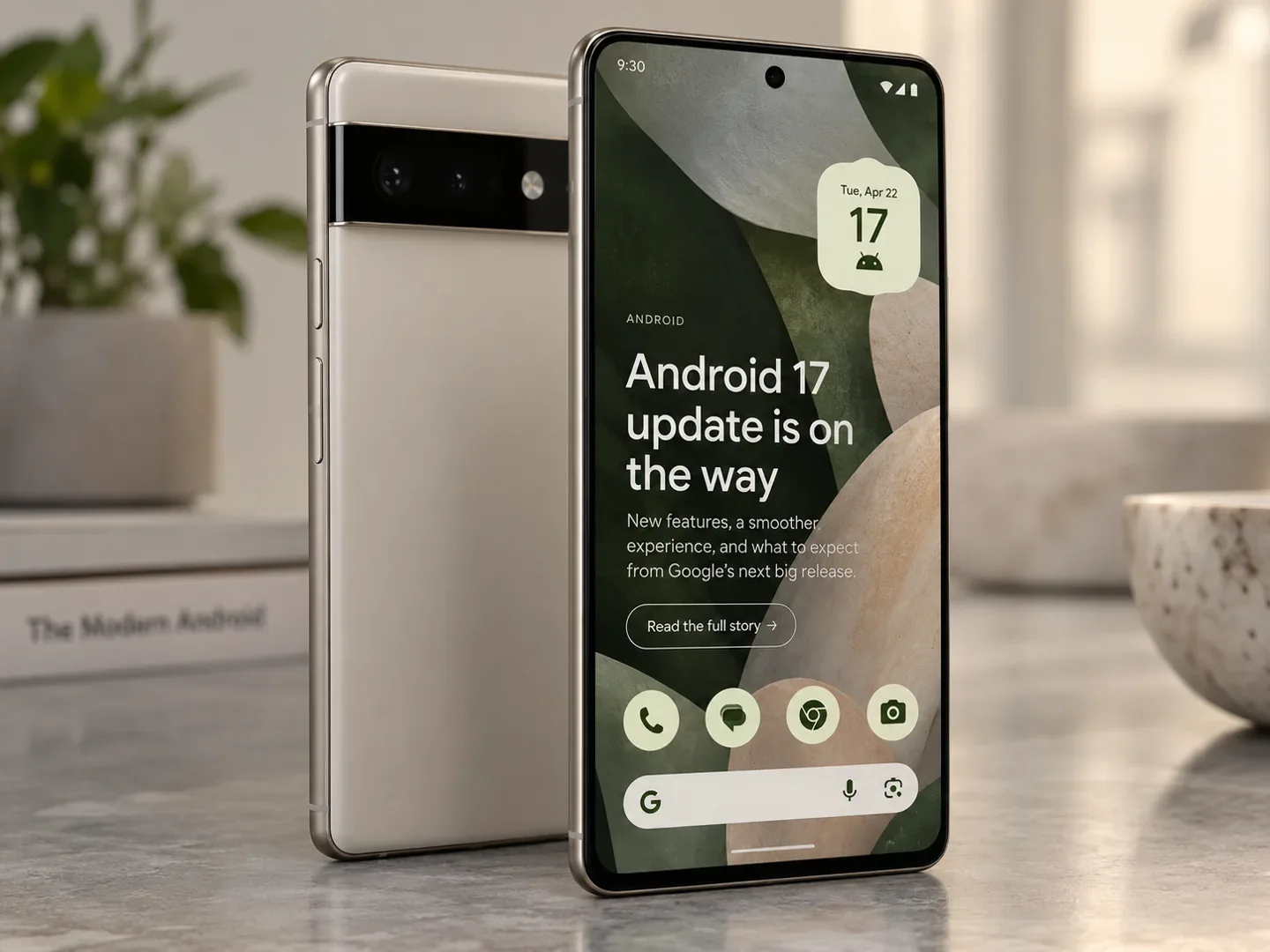 AI-generated editorial studio illustration of four modern smartphone designs, not actual device photography