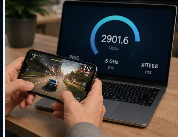 Smartphone gaming over Wi-Fi 7 beside a laptop network speed test