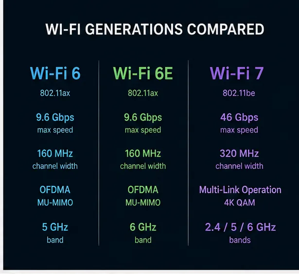 Wi-Fi 6 Wi-Fi 6E and Wi-Fi 7 technology comparison