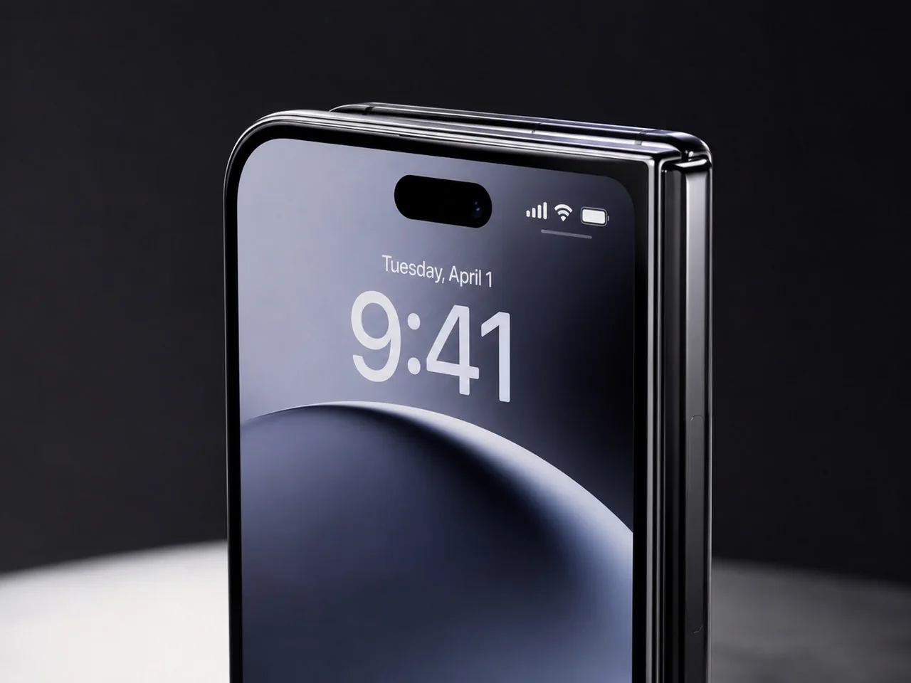Close-up concept of the rounded outer corner and hinge area on a foldable iPhone